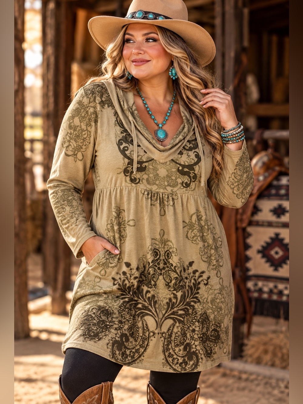 Roper Western Hoodie Dress Size L Tan Scroll Print Boho Cowgirl NWT